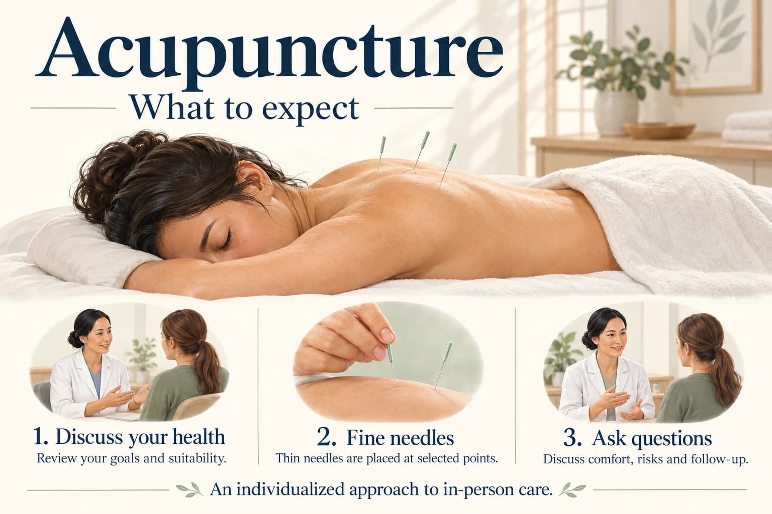 Acupuncture illustrated guide: consultation, fine needles, and questions about care.
